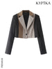 KYPTKA Women Patchwork Check Cropped Blazer Coat Vintage Long Sleeve Front Button Female Outerwear Chic Veste Femme