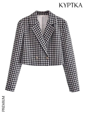 KYPTKA Women Tweed Cropped Check Blazer Coat Vintage Long Sleeve With Buttons Female Outerwear Chic Veste Femme