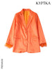 KYPTKA Women With Feathers Front Buttons Satin Blazer Coat Vintage Long Sleeve Welt Pockets Female Outerwear Chic Tops