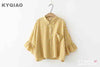 women yellow plaid shirt mori girls summer Japan style turn-down collar bat sleeve yellow black white plaid blouse
