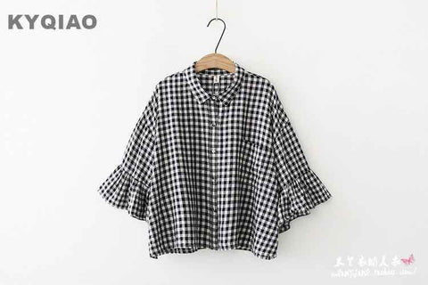 women yellow plaid shirt mori girls summer Japan style turn-down collar bat sleeve yellow black white plaid blouse