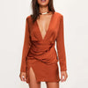 New Spring Sexy Mini Dress Orange Partywear V-Neck Women's Fashion Dress Split Front Silky Long Sleeve Panelled Dress