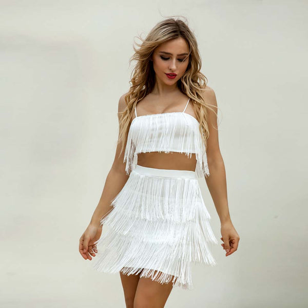 New Tassel Layer Fringe Strap Top And Short Dress Boho Casaul Chic Women Outfits Fashion Two Piece Summer Beach Dress