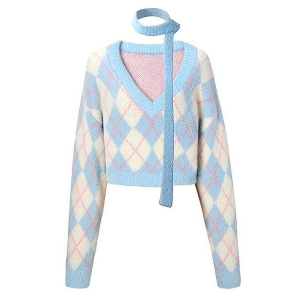 Kawaii Cropped Pullovers Women Argyle Sweater Tender Design Retro Loose School Y2L Blusa Ulzzang Female College Cozy Young Tops