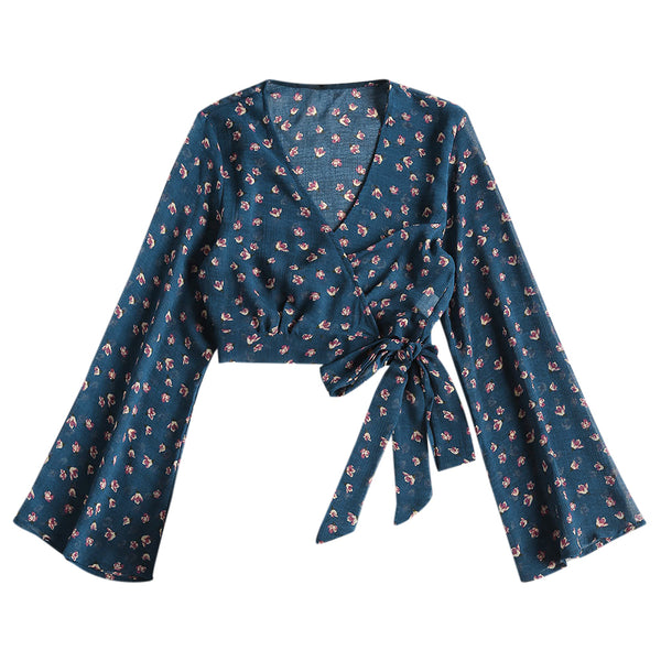 Floral Print Women Wrap Blouses Sexy Deep V-Neck Long Sleeve Bohemian Blusas Tie Waist Crop Tops Flare Sleeves Shirts