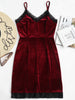Sexy Lace Trim Velvet Spaghetti Strap Dress Halter Bandage High Waist Sleeveless Lace Patched Dress Party Club Vestidos