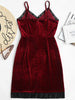 Sexy Lace Trim Velvet Spaghetti Strap Dress Halter Bandage High Waist Sleeveless Lace Patched Dress Party Club Vestidos