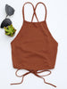 Summer Vintage Brown Faux Cropped Backless Tops Sexy Lace Up Camis Women Tops Slim Cami Party Sexy Crop Top Fall Vest