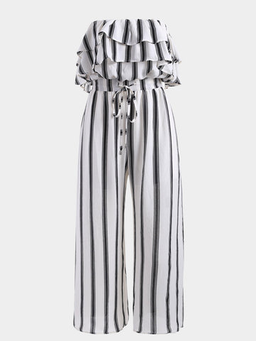 Women Stripped Jumpsuit Strapless Bowknot Ruffles Overalls Summer Beach Loose Rompers Female Tube Top Playsuit