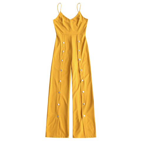 Women Wide Leg Slip Jumpsuit Yellow Snap-Button V-Neck Jumpsuits Rompers Summer Spaghetti Strap Sleeveless Overalls