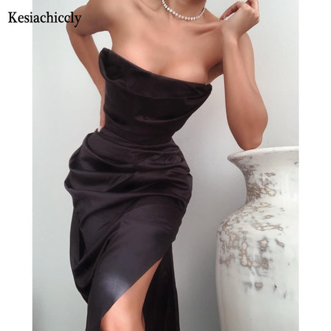 Kesiachiccly Sexy Satin Maxi Dress Women Off Shoulder Sleeveless Backless Side Split Long Dress 2023 Spring Summer Lady Vestido