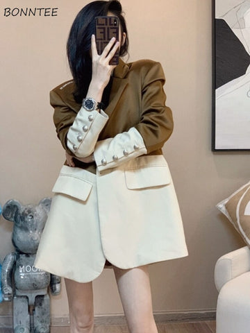 Khaki Blazers Women Patchwork Personality Design Retro Temperament Simple Panelled Ladies Trendy Ulzzang Loose Casual Autumn New