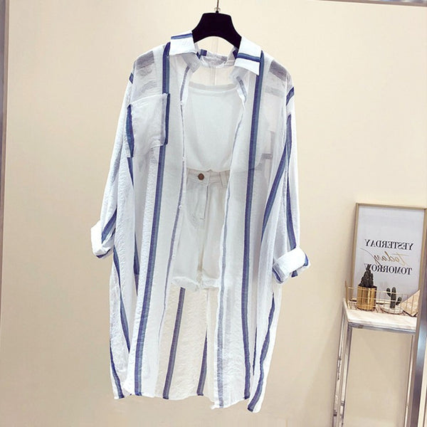 Kimono Cardigans 2022 Summer Long Shirts for Women Tops and Blouses Turn-down Neck Casual Striped Blouse Tunics Blusas Femininas