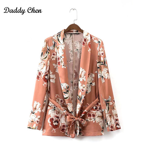 Kimono robe Cardigan Flower print Sashes Orange Blazer Woman Shawl Collar Slim fit Mid long Suit Jacket Coat Outerwear With Belt