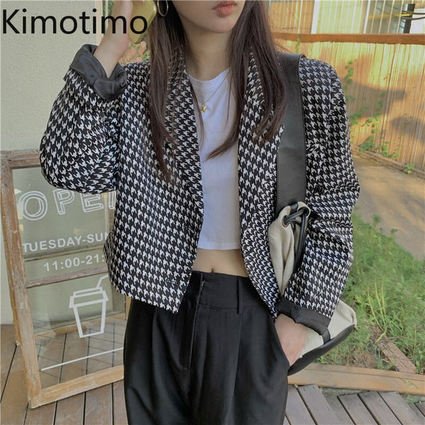 Kimotimo Crop Blazer Jacket 2023 Autumn Women Long Sleeve Houndstooth Notched Office Lady High Street Elegant Women Coat