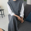 Kimotimo Knitted Vest Dress Women Korean Chic Autumn Winter Simplicity O-neck Side Split Long All-match Solid Sweater Dresses