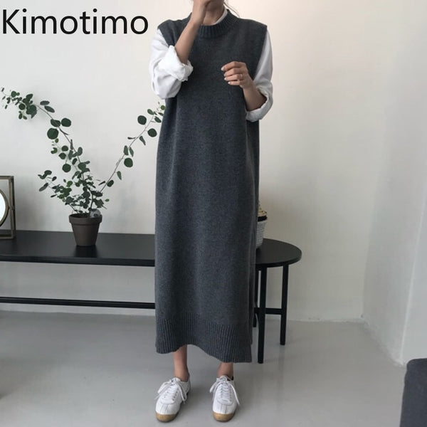 Kimotimo Knitted Vest Dress Women Korean Chic Autumn Winter Simplicity O-neck Side Split Long All-match Solid Sweater Dresses
