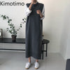 Kimotimo Knitted Vest Dress Women Korean Chic Autumn Winter Simplicity O-neck Side Split Long All-match Solid Sweater Dresses