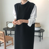 Kimotimo Knitted Vest Dress Women Korean Chic Autumn Winter Simplicity O-neck Side Split Long All-match Solid Sweater Dresses