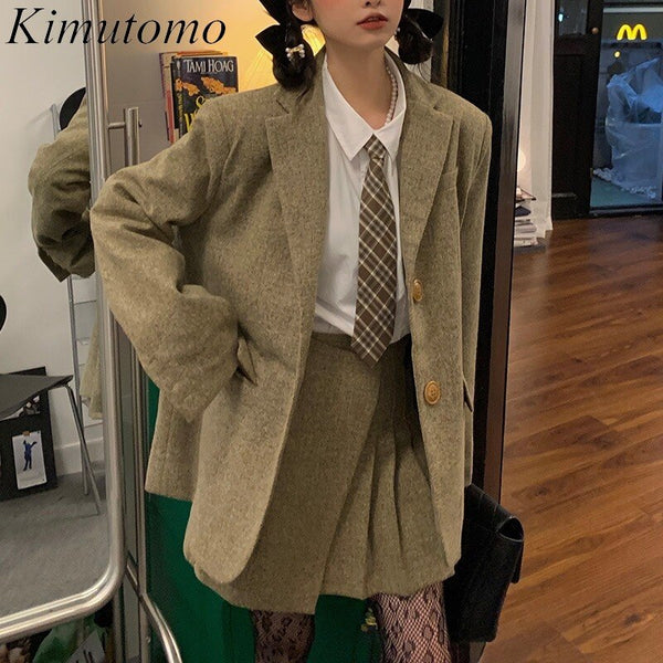 Kimutomo Autumn Female Skirts Suit British Style Ladies Gentle Wind Woolen Suit Jacket With Tie Short Pleated Skirt Two-Piece