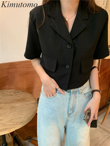 Kimutomo Vintage Solid Simple Loose Woman Blazer Chic Lapel Single Breast Short Sleeves Versatile Top 2023 Summer Korean Popular