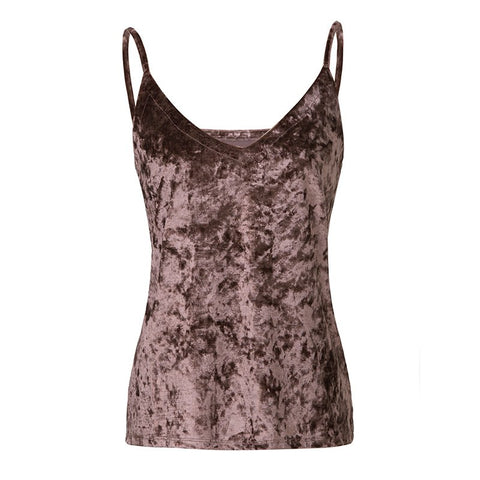 Women Velvet Tank Tops Fashion Sexy Female V-Neck Camisole Spaghetti Strap Tops Pink Coffee Loose Shine Velvet Camis