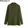 Klacwaya 2023 Women Double Breasted Blazer Vintage Notched Collar Long Sleeve Female Army Green Streetwear Suit Coat