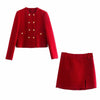 Klacwaya 2023 Women Two-Piece Set Vintage Red Tweed Double Breasted Blazer Female Front Slit Tweed Mini Skirt Chic Suit