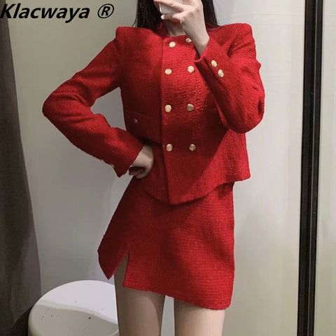 Klacwaya 2023 Women Two-Piece Set Vintage Red Tweed Double Breasted Blazer Female Front Slit Tweed Mini Skirt Chic Suit