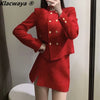 Klacwaya 2023 Women Two-Piece Set Vintage Red Tweed Double Breasted Blazer Female Front Slit Tweed Mini Skirt Chic Suit