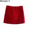 Klacwaya 2023 Women Two-Piece Set Vintage Red Tweed Double Breasted Blazer Female Front Slit Tweed Mini Skirt Chic Suit