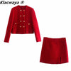 Klacwaya 2023 Women Two-Piece Set Vintage Red Tweed Double Breasted Blazer Female Front Slit Tweed Mini Skirt Chic Suit