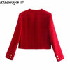 Klacwaya 2023 Women Two-Piece Set Vintage Red Tweed Double Breasted Blazer Female Front Slit Tweed Mini Skirt Chic Suit