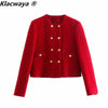 Klacwaya 2023 Women Two-Piece Set Vintage Red Tweed Double Breasted Blazer Female Front Slit Tweed Mini Skirt Chic Suit