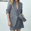 Klacwaya 2023 Women Two-Piece Set Vintage Single Button Long Sleeve Checkered Blazer Female High Waist A-Line Skirt Suit