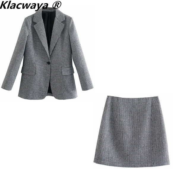 Klacwaya 2023 Women Two-Piece Set Vintage Single Button Long Sleeve Checkered Blazer Female High Waist A-Line Skirt Suit