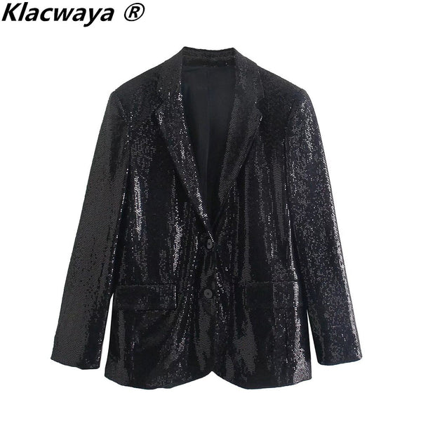 Klacwaya Black Sequin Jackets For Women 2023 Spring Autumn Single Breasted Women Coat Pockets Casual Female Blazers