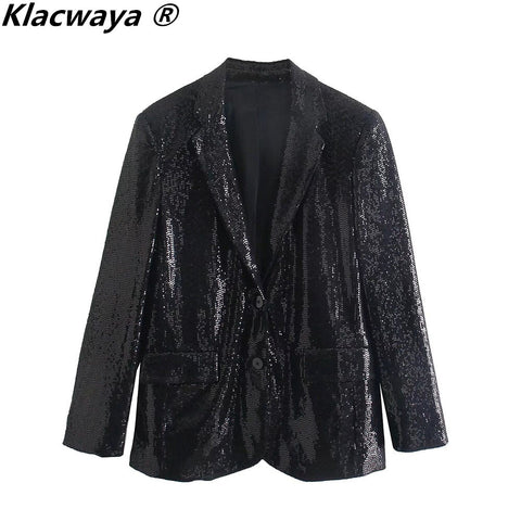 Klacwaya Black Sequin Jackets For Women 2023 Spring Autumn Single Breasted Women Coat Pockets Casual Female Blazers