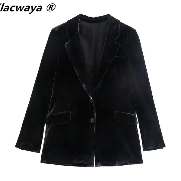 Klacwaya Blazer Women Jackets For Women 2023 Winter Clothes Black Velvet Jacket Single Button Casual Female Za Women Blazers