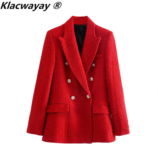 Klacwaya Blazer Women Tweed Jacket Women 2023 Double Breasted Red Blazer Office Lady Tweed Blazers Coat Checked Jacket Female