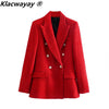 Klacwaya Blazer Women Tweed Jacket Women 2023 Double Breasted Red Blazer Office Lady Tweed Blazers Coat Checked Jacket Female