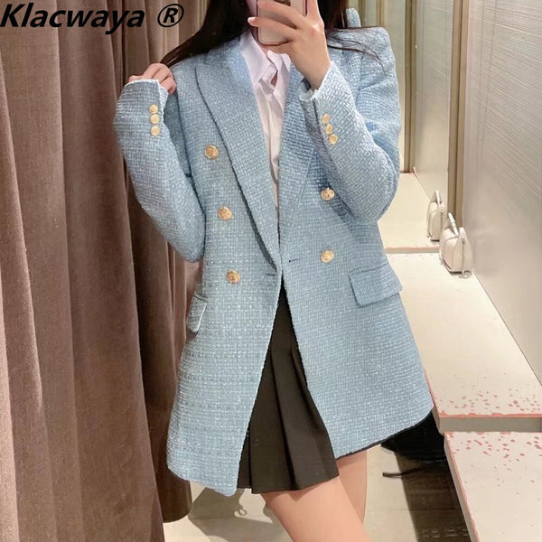 Klacwaya Blazer Women Tweed Jackets For Women 2023 Office Lady Double Breasted Female Suit Coat Woman Clothes Checked Jacket