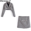 Klacwaya Houndstooth Autumn Suit For Women Two Piece Set Women Suits With Skirt High-Waisted Skirts Female Short Blazer Sets