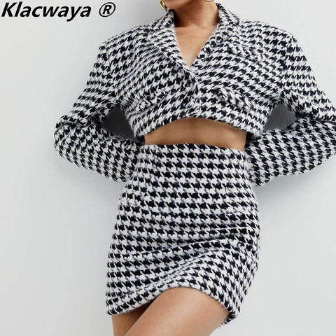 Klacwaya Houndstooth Autumn Suit For Women Two Piece Set Women Suits With Skirt High-Waisted Skirts Female Short Blazer Sets