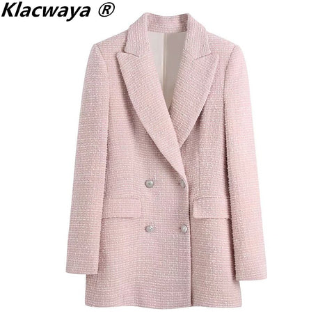 Klacwaya Spring Autumn Tweed Blazer Jackets For Women 2023 Notched Double Breasted Office Lady Pink Blazer Casual Women Blazers