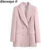 Klacwaya Spring Autumn Tweed Blazer Jackets For Women 2023 Notched Double Breasted Office Lady Pink Blazer Casual Women Blazers