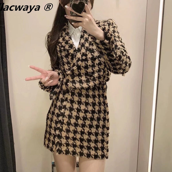 Klacwaya Tweed Set woman Two-Pieces Chic Plaid Suits With Skirt Women Autumn 2023 High-Waisted Skirt Cropped Blazer Sets