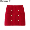 Klacwaya Tweed Suit 2 Piece Set Women Red Suits With Skirt Double Breasted Blazer Set Tweed High-Waisted Skirt Office Lady Sets