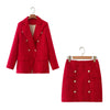 Klacwaya Tweed Suit 2 Piece Set Women Red Suits With Skirt Double Breasted Blazer Set Tweed High-Waisted Skirt Office Lady Sets