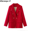 Klacwaya Tweed Suit 2 Piece Set Women Red Suits With Skirt Double Breasted Blazer Set Tweed High-Waisted Skirt Office Lady Sets
